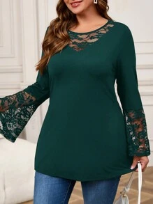 EMERY ROSE Ropa de invierno talla grande para mujeres, ropa navideña para mujeres de unicolor con inserto de encaje, cuello redondo, manga larga, camiseta casual