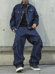 Manfinity EMRG Men's Front Button Closure Long Sleeve Pocket Simplistic Top And Jeans Pants 2 Pieces Suit - Dark Wash - View 8