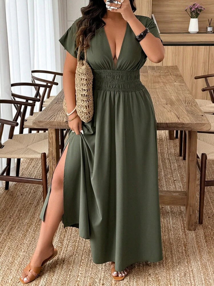 Weeklong Đầm dài thường ngày xếp ly tay ngắn xếp ly cỡ lớn - màu xanh lá - Xem 1