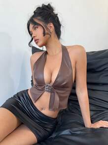 Aloruh 女士纯色露背修身PU皮上衣，休闲度假装 - 咖啡棕 - 查看 4