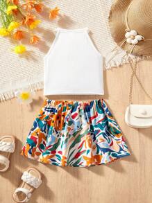 SHEIN Baby Girl Summer Cute Solid Color Knitted Camisole And Ditsy Floral Elastic Waist Mini Skirt 2pcs Set - White - View 2