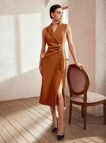 MOTF PREMIUM WOMEN SLEEVELESS WOVEN METAL BUTTON DRESS - Brown - View 9