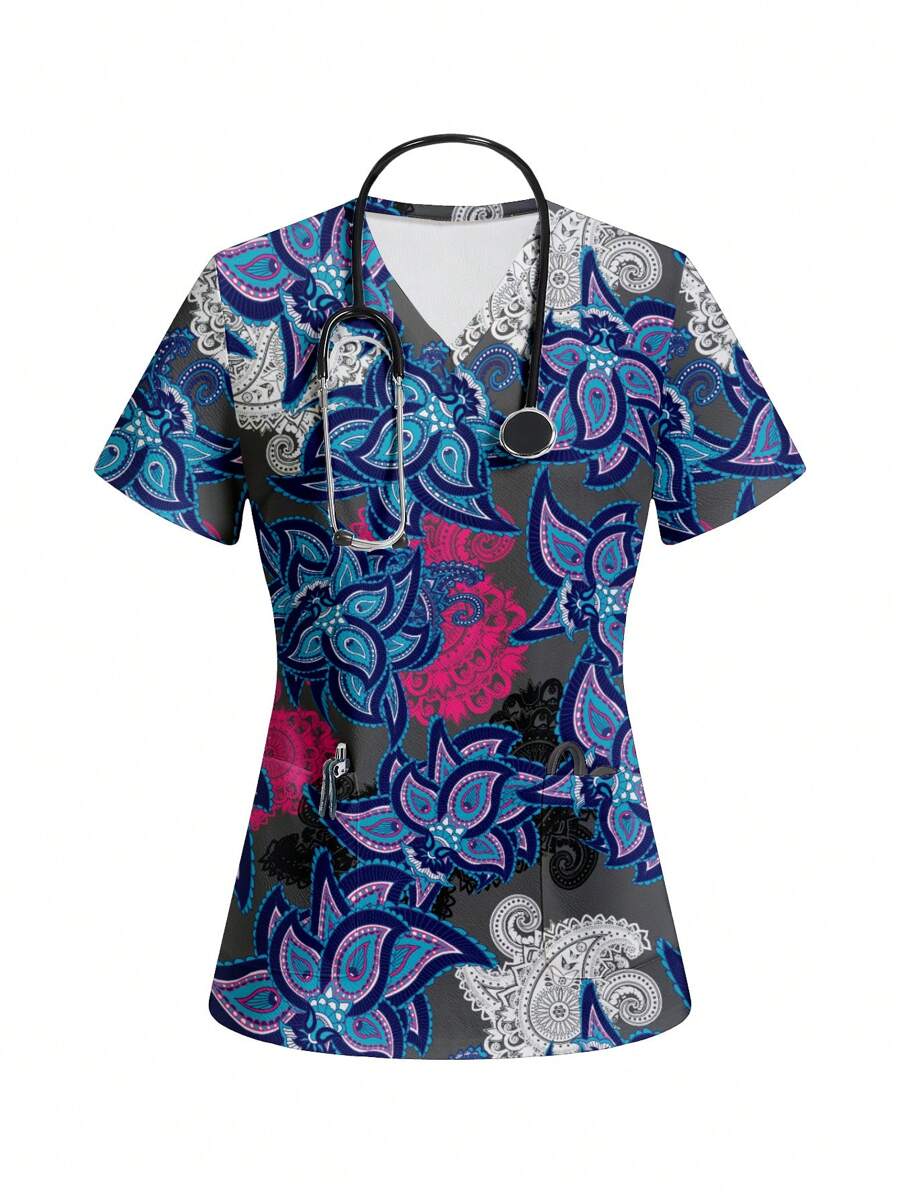 Paisley Flower Print Short Sleeve Women's Healthcare Scrub Uniform Top - White - View 1