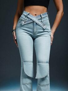 Denimoi Women's Waist Belt Pocket Simple Fitting Jeans, Casual Daily Wear - Baby Blue - View 5