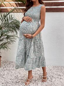 SHEIN Maternity Ditsy Floral Sleeveless Casual Dress - Green - View 4