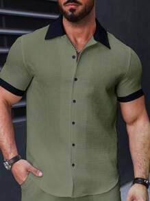 Manfinity Homme Men's Solid Color Patchwork Front Button Short Sleeve Casual Top, Green Shirts For Men, Dark Green Men Shirt, Men's Textured Shirt, Men's Olive Green And Black Shirt - Army Green - View 6