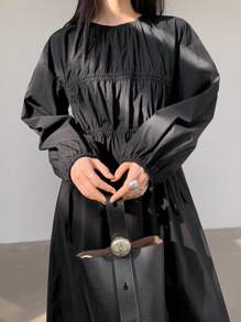 Dazy-Less Loose Casual Drawstring Tie Waist Mid-Length Dress For Women,Ruffle,Fall Dress Business Casual Woman Work Clothes Long Sleeve Dress