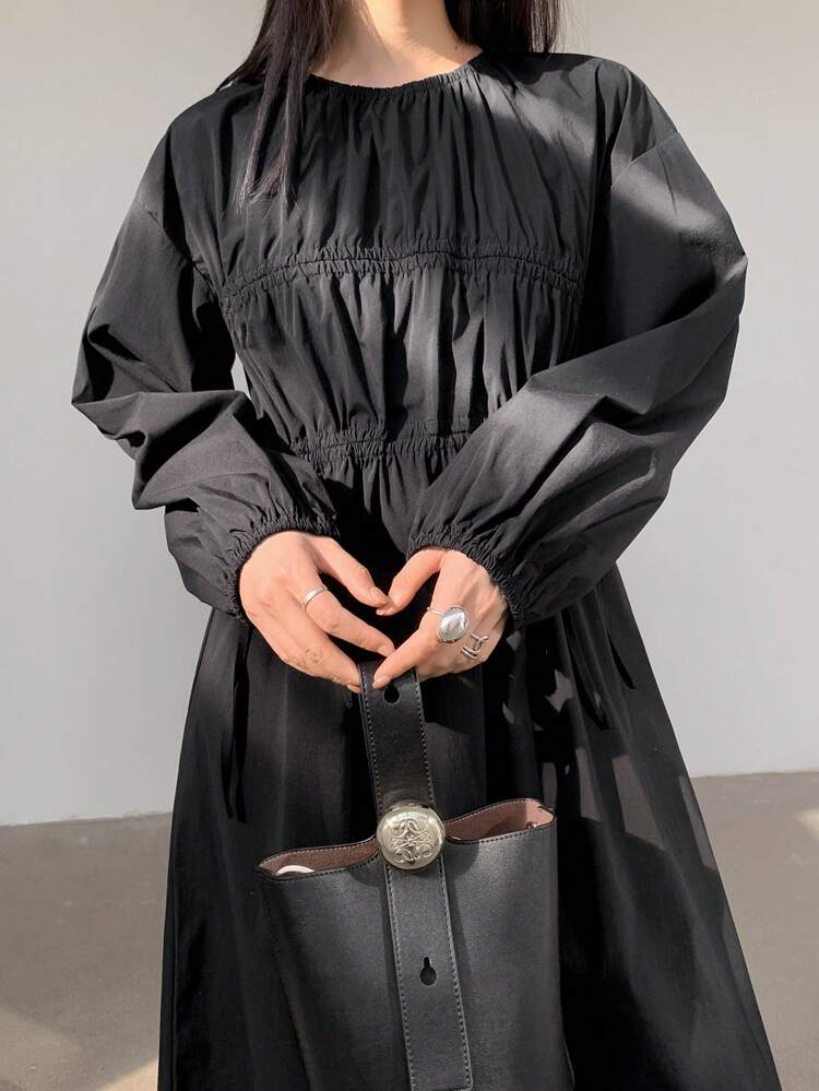 Loose Casual Drawstring Tie Waist Mid-Length Dress For Women,Ruffle,Fall Dress Business Casual Woman Work Clothes Long Sleeve Dress Maxi Dress