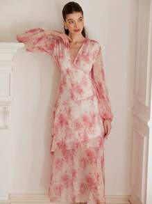 EMERY ROSE Robe longue à manches longues pour femmes avec encolure en V élégante, imprimé floral aléatoire en mousseline de soie, taille cintrée et ourlet asymétrique - Multicolore - Voir 3