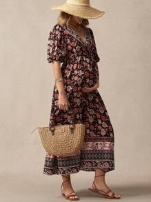SHEIN Maternity Casual Floral Print Lantern Sleeve Dress