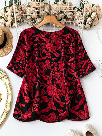 Plus Size Floral Print Crew Neck Short Sleeve Casual Top