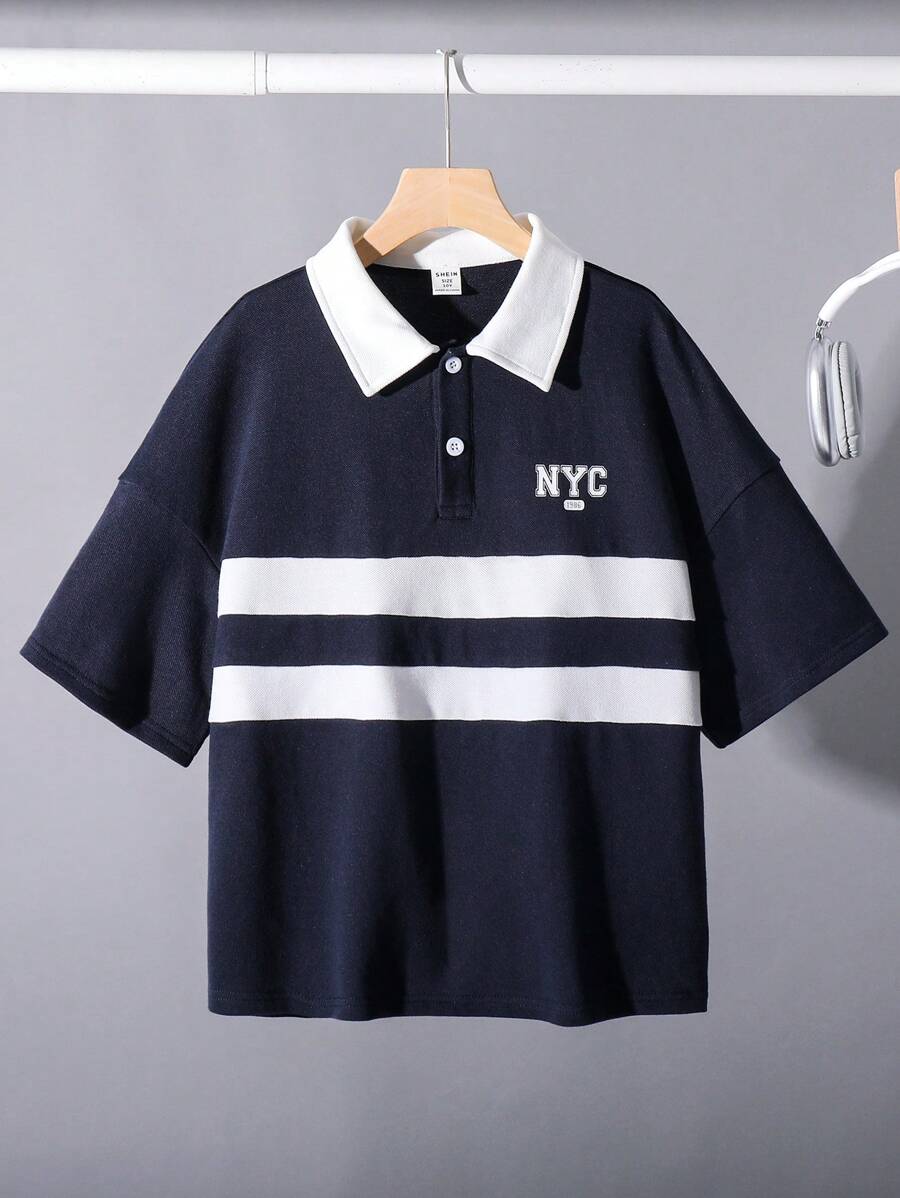 SHEIN Áo thun polo in chữ và sọc màu rộng rãi cho bé trai tuổi mới lớn, phù hợp cho mùa thu, xuân, hè - Ngoài trời, trường học, dạo phố, tiệc tùng, giải trí - Nhiều màu - Xem 1