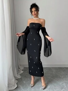 Rafferiza 女士优雅露肩仿珍珠串珠黑色性感紧身可爱派对舞会抹胸雪纺透明喇叭袖 2025 新款长裙 - 黑色 - 查看 3