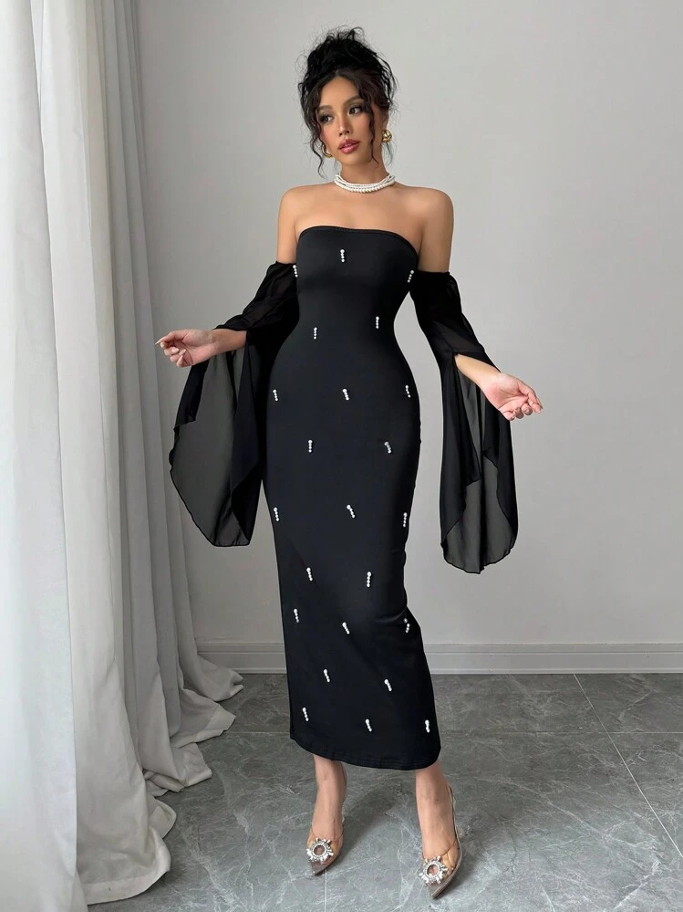 Rafferiza فستان أنثوي أنيق بياقة مكشوفة الكتفين، مطرز بخرز اللؤلؤ الاصطناعي ذو تصميم ضيق وجذاب، بأكمام بيل شفافة من الشيفون لحفلات الاستقبال 2025 جديد - الأسود - مشاهدة 3