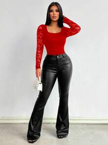 Chiquease Women's Red Lace Long Sleeve Top Square Neck Mesh Blouse Fall Cloth For Women - Red - View 3