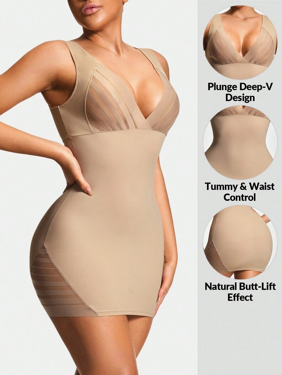 SHAPORA Shaping Plunge Deep-V Shapewear Slip Body Shaper Butt Lifter With Adjustable Straps-Tummy Waist Thigh Control - Khaki - View 1