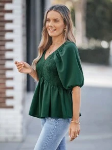 Wildy Women's Jade Green V-Neck Patchwork Hem Casual Shirt
