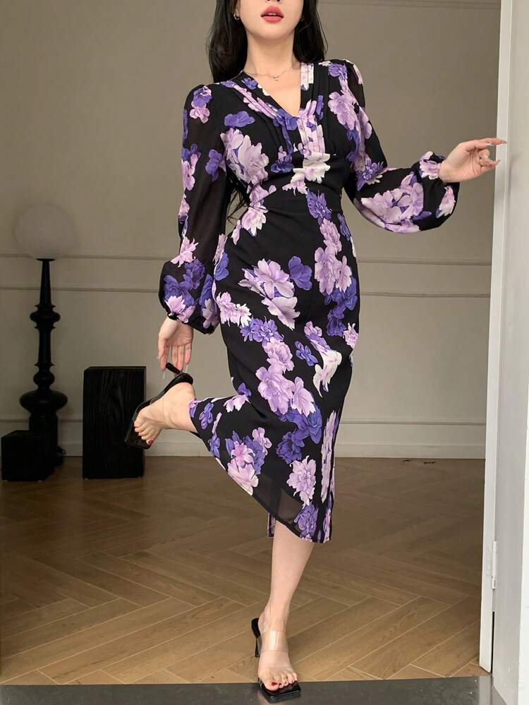 V-Neck Floral Print Puff Sleeve Mid-Long Dress, Vacation Style,Fall Dress Long Sleeve Dress Easter Maxi Dress