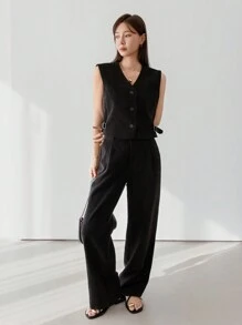 Dazy-Less Women's Casual Solid Color Loose Minimalist Vest Jacket & Straight Leg Pants Suit, Business Casual Old Money - Black - View 7