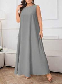 Al Najma Plus Size Solid Color Sleeveless Maxi Abaya Dress - Light Grey - View 4