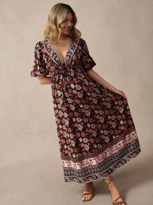SHEIN Maternity Casual Floral Print Lantern Sleeve Dress