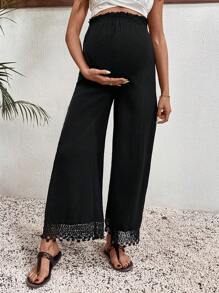 SHEIN Maternity Elastic Waist Flared Leg Solid Color Frill Trim Simple Casual Pants, For Daily Wear - Black - View 6