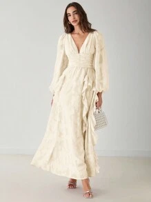 Enchnt 春夏浪漫女士杏色 V 领荷叶边长袖超长连衣裙，甜美优雅，适合情人节、生日、节日派对、甜蜜约会之夜、舞会、婚礼礼服、毕业季和假期 - 杏色 - 查看 6