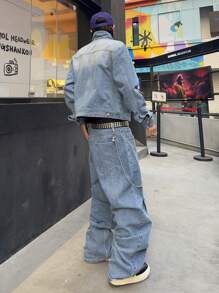 Manfinity EMRG Men's Front Button Long Sleeve Simple Top And Denim Pants 2 Pieces Suit Set - Blue - View 8