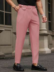 Manfinity Mode Men Plain Pocket Button Casual Straight Leg Pants - Pink - View 1