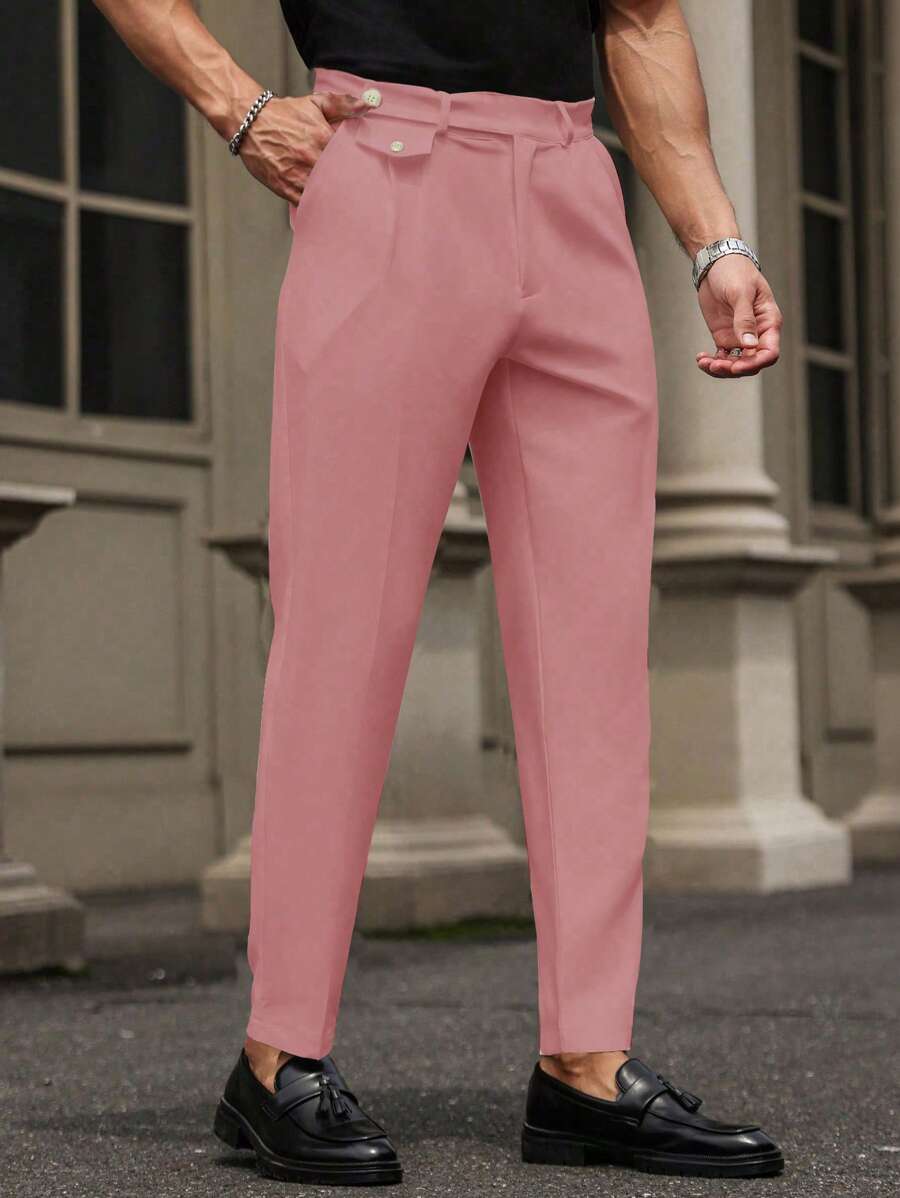 Manfinity Mode Men Plain Pocket Button Casual Straight Leg Pants - Pink - View 1