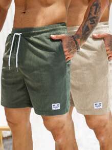Manfinity Homme Loose Men's Letter Patched Detail Drawstring Waist Shorts Male Clothes Men Shorts Men Two Piece Shorts,Men's Casual Corduroy Tight Waist Straight Shorts, Suitable For Everyday Outdoor Wear,Perfect As Gifts For Boyfriends Or Husbands.