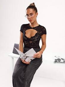 SHEIN BAE 女士时尚性感纯色蕾丝镂空紧身衣 - 黑色 - 查看 4