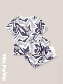 SHEIN 2pcs Young Boy Dinosaur Print Contrast Color Short Sleeve Tight Pajama Set - Multicolor - View 5