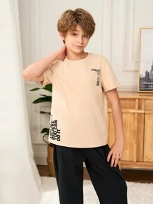 SHEIN Leap Crew 2pcs Tween Boys Casual Minimalist Letter Print Crew Neck Short Sleeve T-Shirt And Pants Loungewear Set - Khaki - View 3