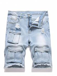 Manfinity LEGND 男士休闲简约牛仔短裤，日常穿着 - 藍色 - 查看 1