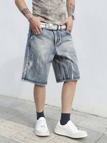 Manfinity Roghcode Quần short denim rách giặt thường ngày cho nam - Màu xanh lam - Xem 5