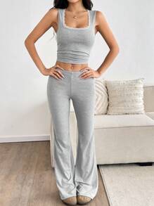 Flirla 深灰色罗纹针织圆领荷叶边短款上衣和复古喇叭腿高腰裤，甜美时尚两件套，舒适柔软的弹性面料，适合春秋季的休闲设计 - 灰色 - 查看 4