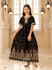 SHEIN Tween Girl Elegant Party Gold Foil Print Short Sleeve Dress - Black - View 4