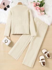 2 Pieces Warm Winter Outfit For Tween Girls, Fashionable Casual High Neck Pullover Sweater With Flare Pants Knit Set, Suitable For Home, Travel And Daily Wear