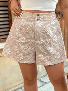 Enliva Shorts casuales y elegantes con botones de tela texturizada para mujer de talla grande - Albaricoque - Ver 6
