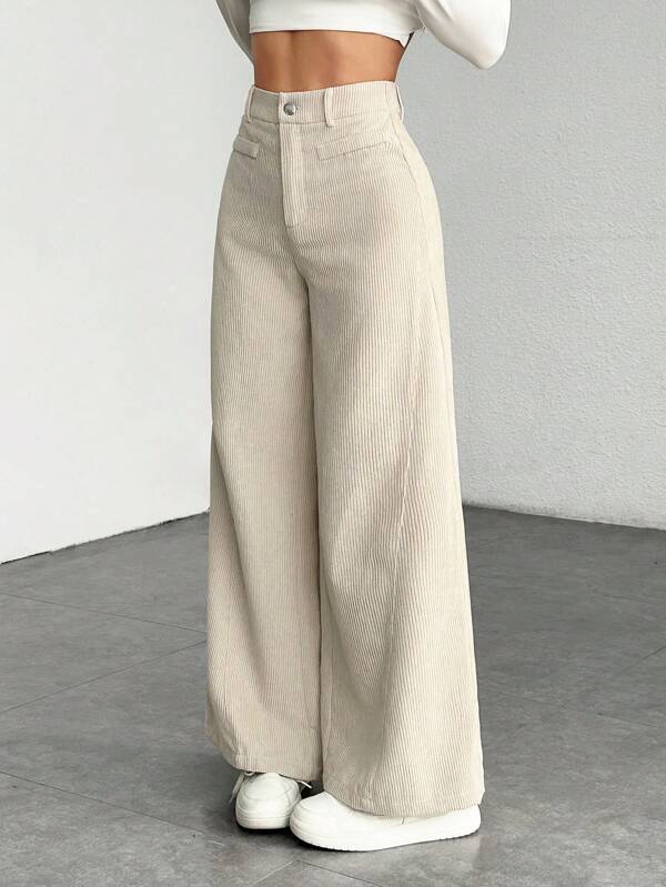 SHEIN PETITE Women's Solid Color Front Button Casual Wide Leg Pants, Suitable For Daily Wear