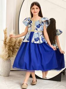 SHEIN Tween Girls Elegant Floral Jacquard Splice Mesh Ruffle Hem Dress - Blue - View 1