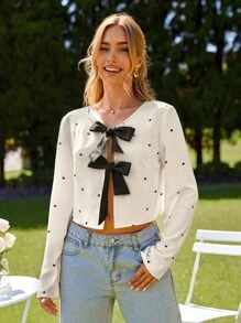 KARISMINA Camisa con nudo delantero y estampado de corazón para mujer, ideal para el Día de San Valentín