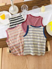 SHEIN Young Girl Striped Print Color Block Round Neck Casual Tank Top - Multicolor - View 2