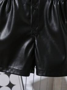 SHEIN Barboteuse en PU noir unicolore pour filles et enfants, nouvelle mode d'été avec cordon de serrage à la taille, manches courtes, col polo, style et vintage - Noir - Voir 6