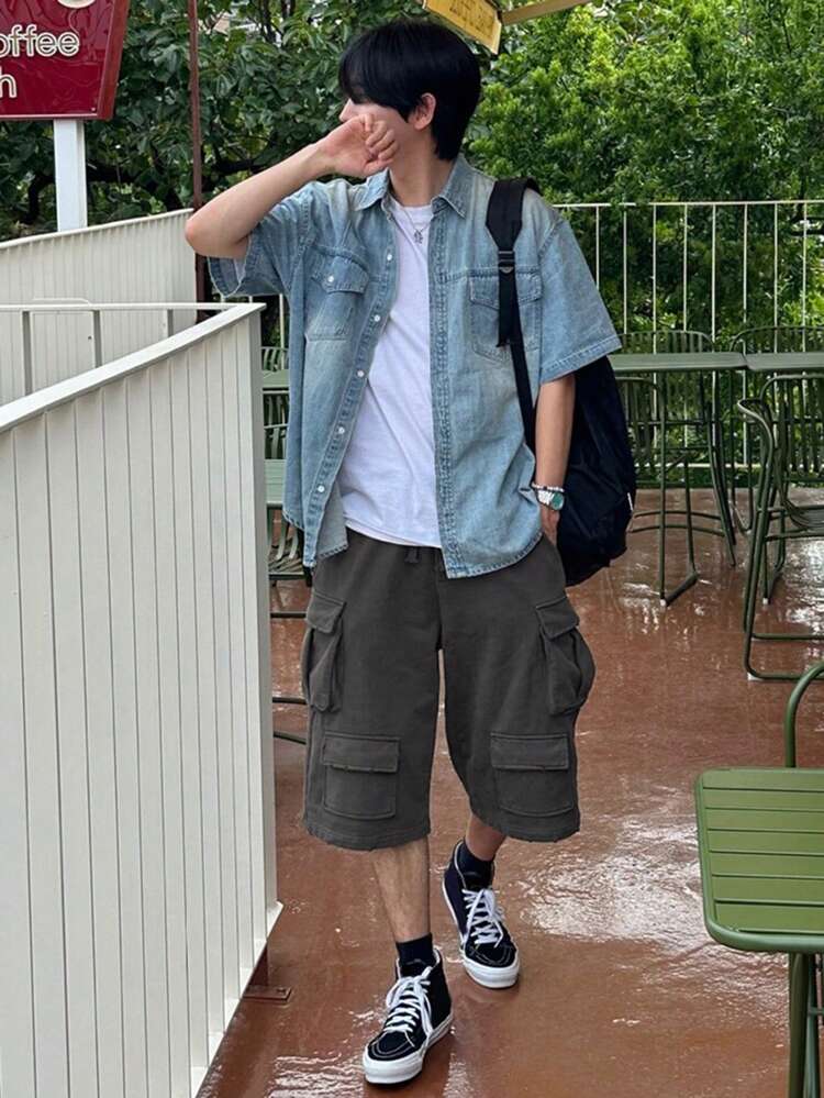 Summer Solid Color Cargo Pockets Design Grey Men's Shorts