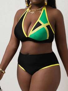 SHEIN Slayr CURVE Plus Size Women 2 Pieces Swimwear Set, Multi-Color Cross Strap Long Lace-Up Halter Top & Bottom, Elegant Casual Resort Wear Summer