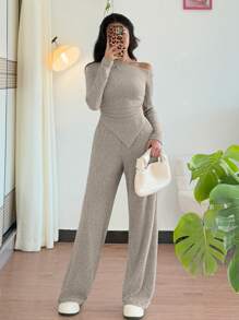 Chiquease Conjunto de 2 piezas con top de punto de manga larga con cuello oblicuo elegante y pantalones sueltos de cintura elástica, apto para primavera y otoño