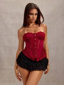 SHEIN BAE 夏季度假上衣蕾丝紧身胸衣上衣性感夜场酒红色安哥拉红上衣夏季女士春装情人节海滩度假纳什维尔