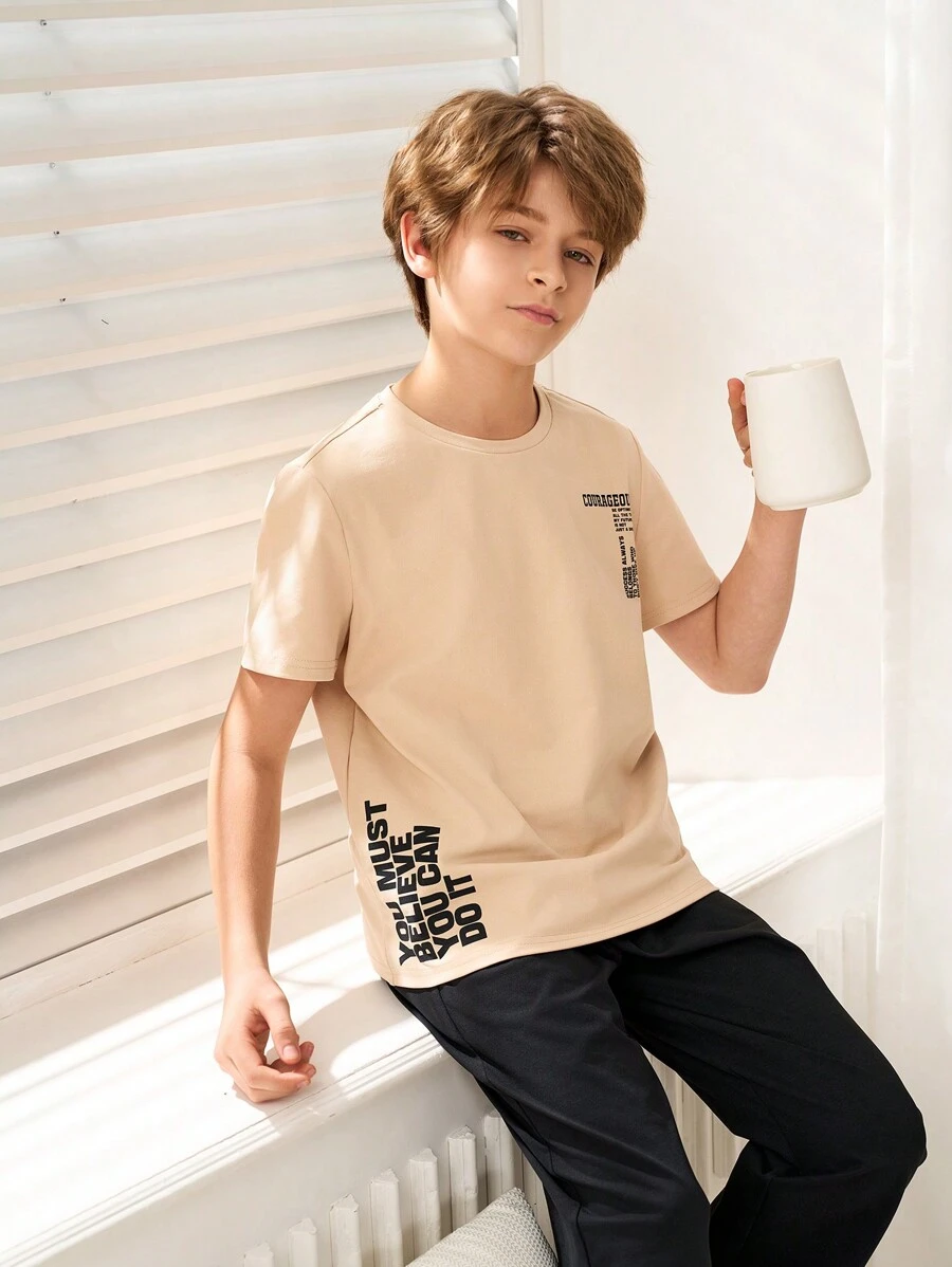 SHEIN Leap Crew 2pcs Tween Boys Casual Minimalist Letter Print Crew Neck Short Sleeve T-Shirt And Pants Loungewear Set - Khaki - View 1